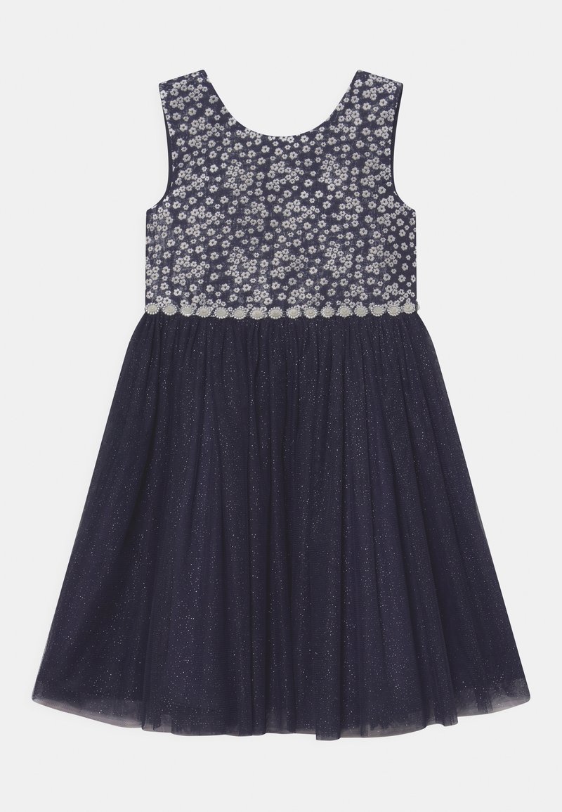 Marineblaue ärmellose Kleid mit einem floral bestickten Oberteil und einem glitzernden, fließenden Tüllrock. Figurbetonter Bund mit einem gerafften Design.