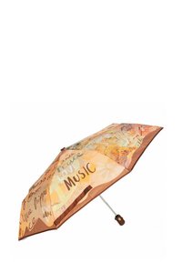 Ombrello arancione compatto con testi e design artistici che promuovono la pace, l'amore e la musica, dotato di manico e tracolla marroni.