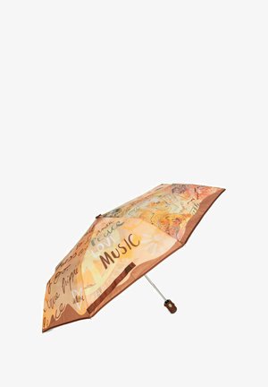 Ombrello arancione compatto con testi e design artistici che promuovono la pace, l'amore e la musica, dotato di manico e tracolla marroni.