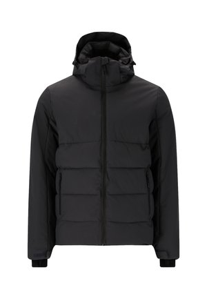 Schwarze gepolsterte Jacke mit hohem Kragen, Kapuze, frontaler Reißverschluss und seitlichen Reißverschlusstaschen.