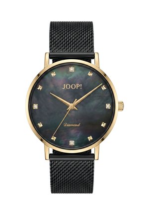 Schwarze Mesh-Armbanduhr mit goldfarbenem Gehäuse, schwarzem irisierendem Zifferblatt, goldfarbenen Zeigern, diamantbesetzten Stundenmarkierungen und dem Markennamen "JOOP!" auf dem Zifferblatt.