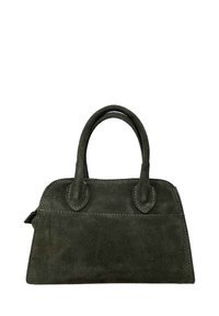 Zelená semišová kabelka s kulatými úchyty, obdélníkovým tvarem a kontrastním prošíváním. Disponuje hladkým povrchem a minimalistickým designem.
