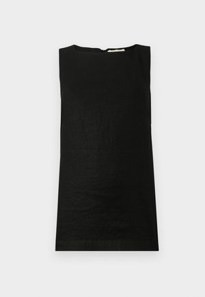 Top senza maniche di colore nero realizzato in un tessuto leggero. Presenta un collo rotondo e una zip sul retro nascosta per la chiusura.