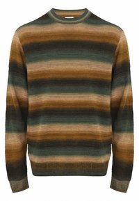 Maglione a righe lavorato a maglia con tonalità marroni, verdi e beige, caratterizzato da una texture a costine e collo rotondo. Maniche lunghe con orlo aderente.