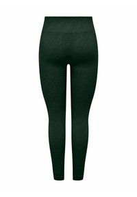 Leggings a vita alta di colore verde scuro con un motivo discreto, realizzati in materiale elastico per una vestibilità aderente. Orli chiusi alle caviglie.