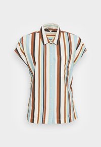 Chemise à manches courtes rayée avec un col. Présente des rayures alternées bleues, brunes et jaunes. Comprend une poche avant et des boutons.