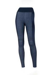 Tummansininen leggarit, joissa on teksturoitu farkku-ilme, korkea vyötärö ja kontrastiset sivupaneelit. Sileä kangas, jossa on tiukka muotoilu.