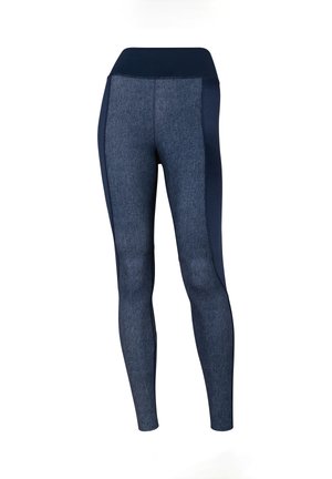Granatowe legginsy o fakturze denimu, z wysokim stanem i kontrastującymi panelami bocznymi. Gładki materiał z dopasowanym krojem.