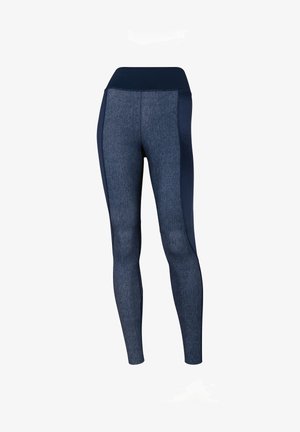 Leggings blu navy con un aspetto denim testurizzato, vita alta e pannelli laterali a contrasto. Tessuto liscio con un design aderente.