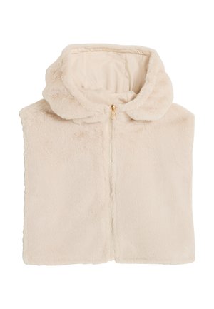 Capa de pelaje sintético color crema con un alto cuello y cremallera dorada en la parte delantera, diseñada para abrigar y con estilo.