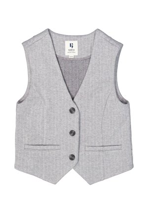 Gilet gris avec un motif à rayures, décolleté en V, cinq boutons et deux poches avant. Fabriqué en tissu doux avec une texture lisse.