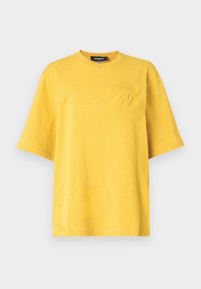 Yellow cotton t-shirt with a crew neck, short sleeves, and embossed logo detail on the front. Soft texture and relaxed fit design.