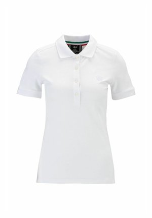 Witte polo met korte mouwen, klassieke kraag, placket met drie knopen, lichte ribbelstructuur, met geborduurd logo op de linkerborst.