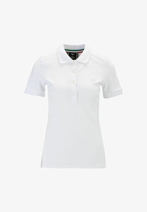 Weißes Polo-Shirt, kurze Ärmel, klassischer Kragen, dreiknöpfige Knopfleiste, leichte Rippenstruktur, mit besticktem Logo auf der linken Brust.