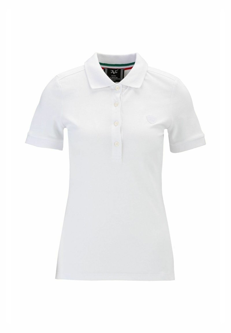 Witte polo met korte mouwen, klassieke kraag, placket met drie knopen, lichte ribbelstructuur, met geborduurd logo op de linkerborst.
