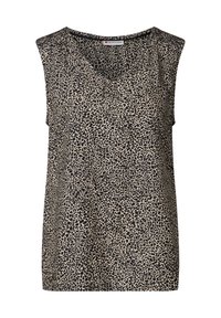 Top sin mangas en una tela de color beige claro con un patrón de estampado de leopardo negro. Diseño con escote en V y con sutiles detalles en los hombros. Textura suave.
