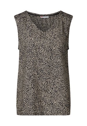 Ærmeløs top i et lyst brunt stof med et sort leopardmønster. V-hals design med diskrete skulderdetaljer. Blød tekstur.