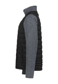 Chaleco insuflable negro con mangas de punto gris, cuello alto y bolsillos laterales con cremallera. Presenta un tejido acolchado en el cuerpo y un tejido acanalado en las mangas.