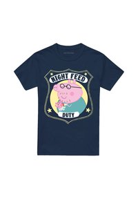 Navy T-shirt featuring a cartoon pig wearing glasses and holding a toy, with "NIGHT FEED DUTY" text in bold on a badge-shaped design.