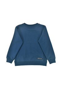 Blue sweatshirt with long sleeves, round neck, ribbed cuffs, and hem. Features a textured patch with geometric patterns on the lower side.