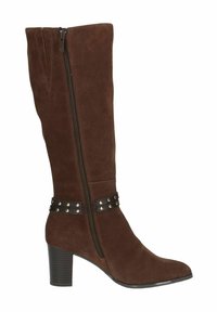 Brown sueded knee-high boot with a side zipper, accented by a black strap featuring metallic studs, and a chunky heel.