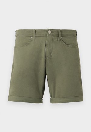 Λινά βερμούδα ελιάς πράσινου χρώματος με γυρισμένα τελειώματα, εμπρόσθιο κουμπί, φερμουάρ, θηλιές για ζώνη και δύο εμπρόσθιες τσέπες.