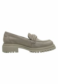 Mocassin en cuir gris clair avec semelle crantée épaisse, petit talon empilé et bride décorative sur le dessus.