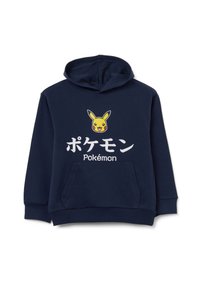 Dunkelblaue Kapuzenjacke aus Baumwolle, mit einer Vordertasche und einem Grafikdesign von Pikachu mit japanischem und englischem Text darunter.