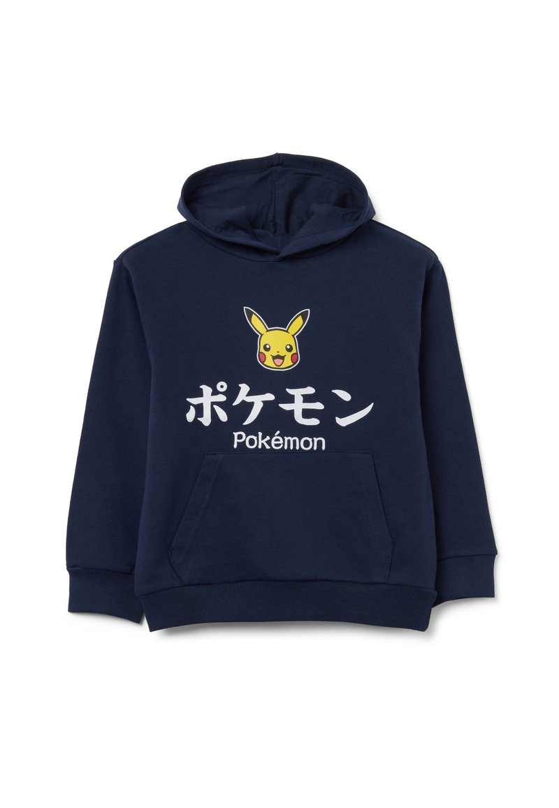 Dunkelblaue Kapuzenjacke aus Baumwolle, mit einer Vordertasche und einem Grafikdesign von Pikachu mit japanischem und englischem Text darunter.