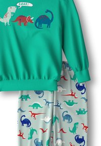 Turquoise sweatshirt met dinosaurussenprint, gecombineerd met grijze broek met kleurrijke dinosauruspakketten. Zacht materiaal, geribde manchetten en tailleband.
