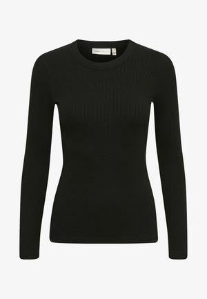 Top noir à manches longues en rib avec un col rond et une coupe ajustée. Le tissu semble doux avec un léger stretch et une texture subtile.