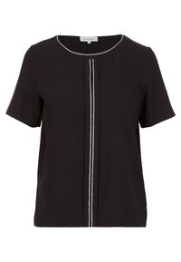 Haut noir à manches courtes avec un décolleté rond et un détail central brodé en blanc. Fabriqué en tissu lisse avec une coupe décontractée.