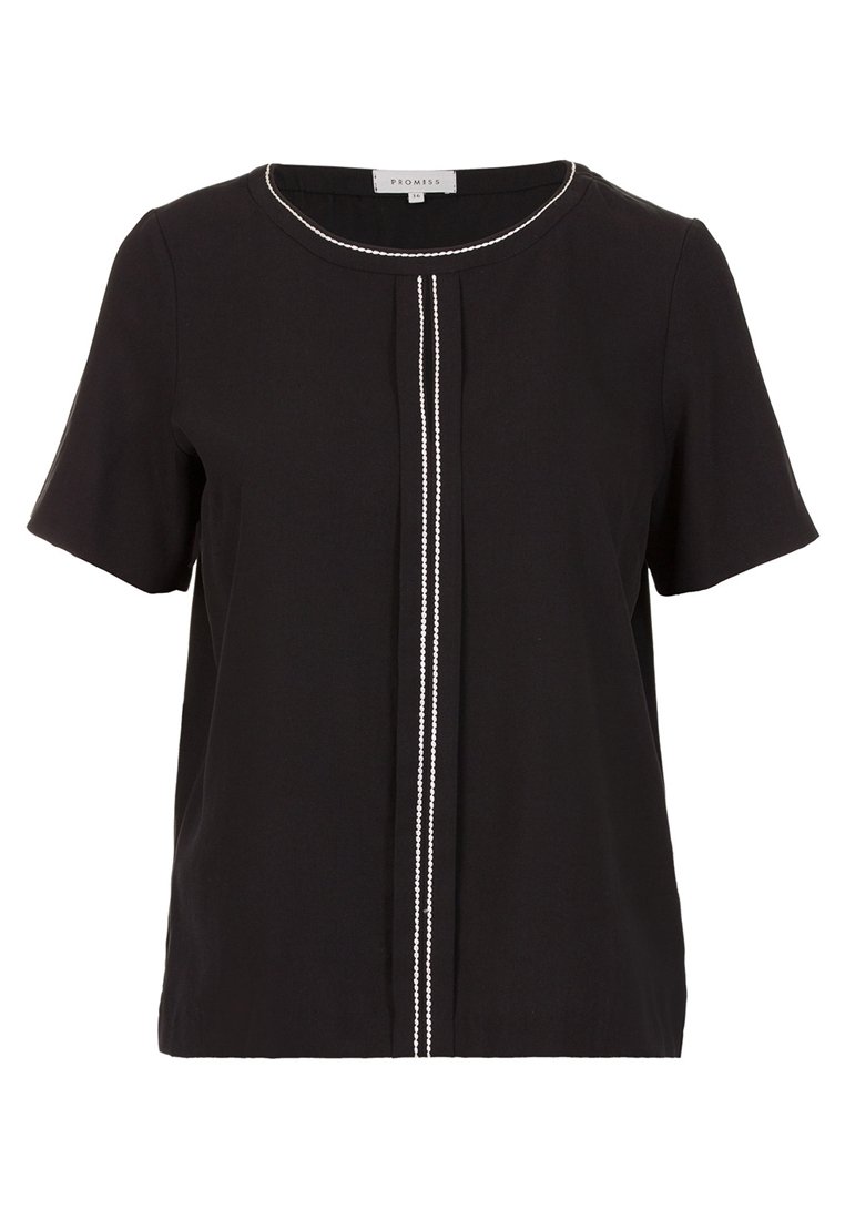 Haut noir à manches courtes avec un décolleté rond et un détail central brodé en blanc. Fabriqué en tissu lisse avec une coupe décontractée.