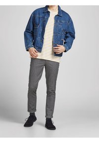 Giubbotto di jeans blu scuro, camicia a righe beige e bianca sotto, pantaloni grigi a gamba stretta e scarpe scure. Il giubbotto ha due tasche frontali.