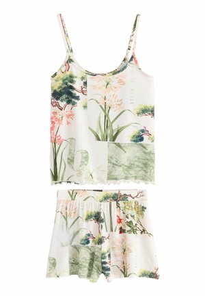 Set de pijama fără mâneci, cu imprimeu floral, compus dintr-o bluză tip top și pantaloni scurți. Fabricat dintr-un material moale, cu un model botanic mixt în culori pastelate.