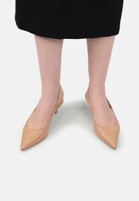 Balerini bej cu vârf ascuțit, din piele netedă, având toc mic și părți laterale deschise, plasate pe un fundal neutru.
