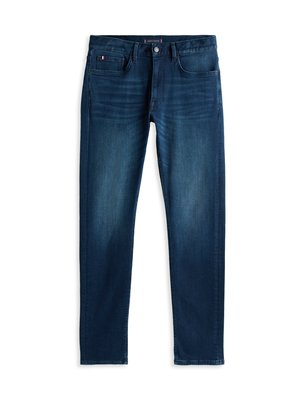 Sötétkék farmernadrág, slim fit szabással, öt zsebbel, kontrasztos varrással és gombos derékkal, enyhe kopással.