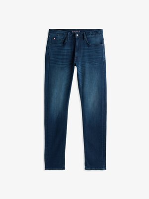 Tumši zili džinsi ar šauru piegriezumu, piecām kabatām, kontrastējošiem stikojumiem un pogu aizdari jostas vietā, ar vieglu nodilumu.