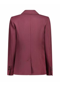 Blazer bordeaux realizzato in tessuto testurizzato, con rever a punta, vestibilità su misura e quattro bottoni neri decorativi sui polsini.