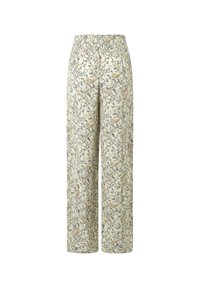 Pantalones de pierna ancha hechos de tela ligera, con una base crema y un estampado de paisley floral en azul y amarillo. Cintura elástica para mayor comodidad.