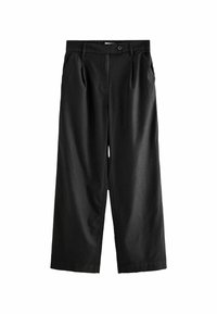 Zwarte wijde broek van een gladde katoenstof, met een sluiting met knoop aan de voorkant, riemlussen en twee zijzakken.