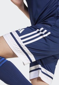 Marina blå sportshorts med vita detaljer och tre ränder på sidan. Tyget verkar slätt, lätt och elastiskt.
