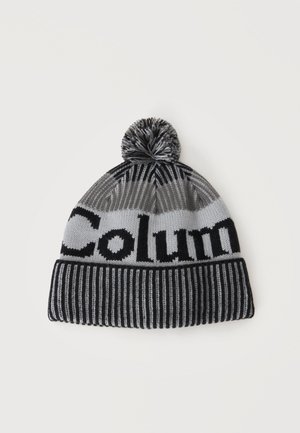 Bonnet tricoté rayé gris et noir avec un pompon sur le dessus et le mot "Columbia" tricoté en grandes lettres noires.