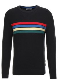 Pull tricoté noir avec un col rond. Présente des rayures horizontales en rouge, bleu, jaune et vert sur la poitrine. Tissu texturé.