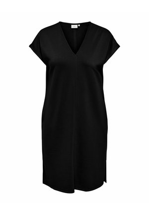 Zwarte knielange jurk met korte mouwen, V-hals en een losse pasvorm, met een centrale naad en zijsplitten.