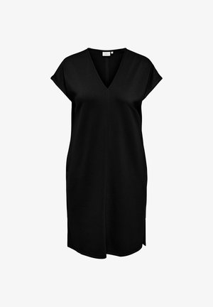 Zwarte knielange jurk met korte mouwen, V-hals en een losse pasvorm, met een centrale naad en zijsplitten.