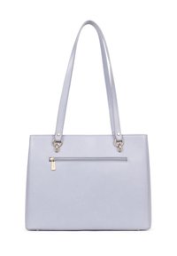 Borsa a tracolla in ecopelle blu chiaro con due manici, una tasca frontale con zip e hardware in tono oro. Forma rettangolare con texture liscia.