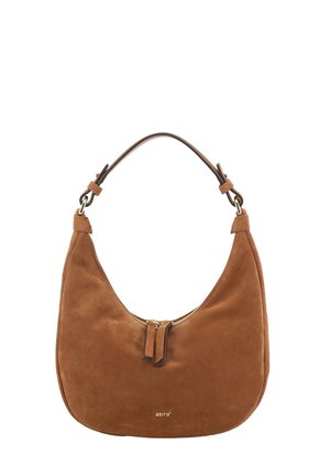 Brown suede shoulder bag with a curved shape, adjustable strap, zipper closure, and "abro" logo at the bottom center.