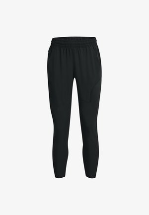 Pantalones deportivos negros con cintura elástica, bolsillos delanteros y piernas ajustadas. El material es suave y mate, sin patrones ni acentos.