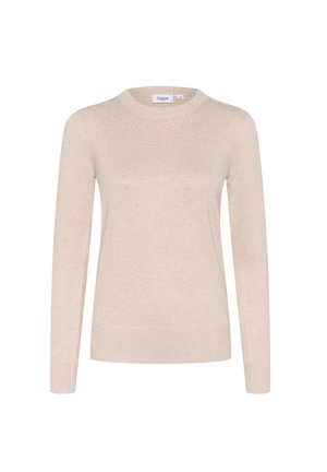 Svetlo béžový sveter s okrúhlym výstrihom a dlhými rukávmi, ktorý má malé, rovnomerne rozmiestnené ozdoby na vrchnej časti predného dielu. Hladká textúra, rebrované manžety.